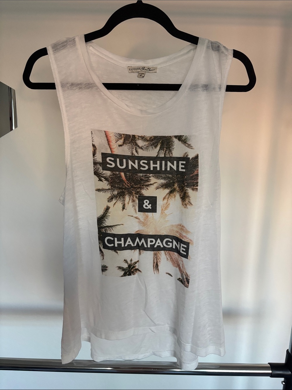 Express White Graphic Tank with Palm Sunshine & Champagne Print